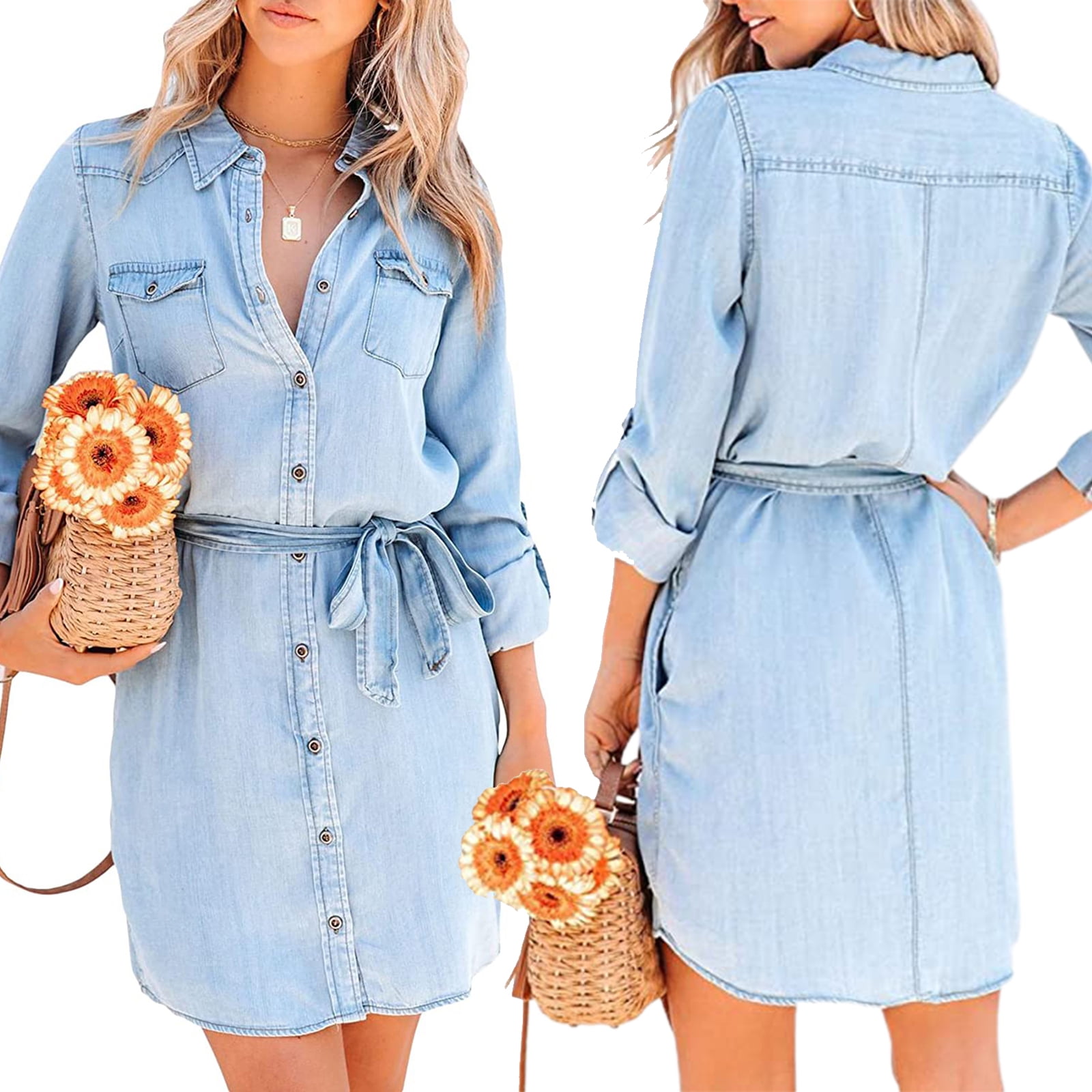 Stylish Collared Sleeveless Button-down Belted Casual Denim Mini Dress