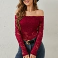 thumbnail image 1 of Women Casual Long Sleeve Solid Lace Off The Shoulder Blouse Womens Flared Collar Slim Fit T Shirt Top Elegant Spring Summer Fashion Outfit, 1 of 8