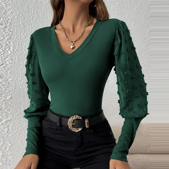 Women Casual Long Sleeve Solid V Neck Blouse Ribbed Chiffon Trim T Shirt Top Womens Comfortable Basic Fashion Outfit Spring Fall