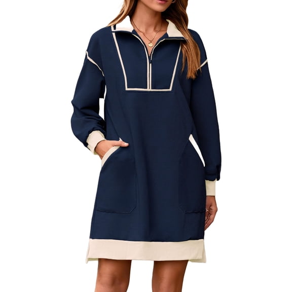 Women Casual Long Sleeve Sweatshirt Dress Quaeter Zipper Lapel Loose Mini Dresses