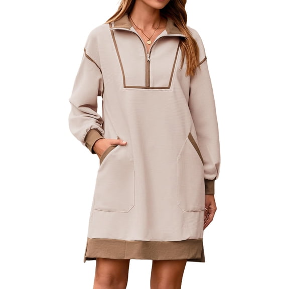 Women Casual Long Sleeve Sweatshirt Dress Quaeter Zipper Lapel Loose Mini Dresses