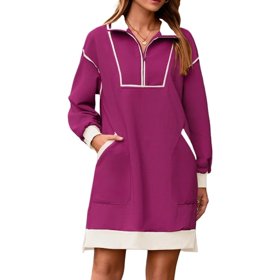 Women Casual Long Sleeve Sweatshirt Dress Quaeter Zipper Lapel Loose Mini Dresses