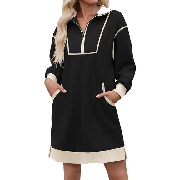 Women Casual Long Sleeve Sweatshirt Dress Quaeter Zipper Lapel Loose Mini Dresses