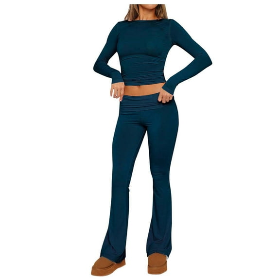 Women Casual Long Sleeve Tops & Low Waist Flared Leggings Set - 92% Viscose Blend, Elastic Fit, Yoga/Lounge/All-Day Comfort