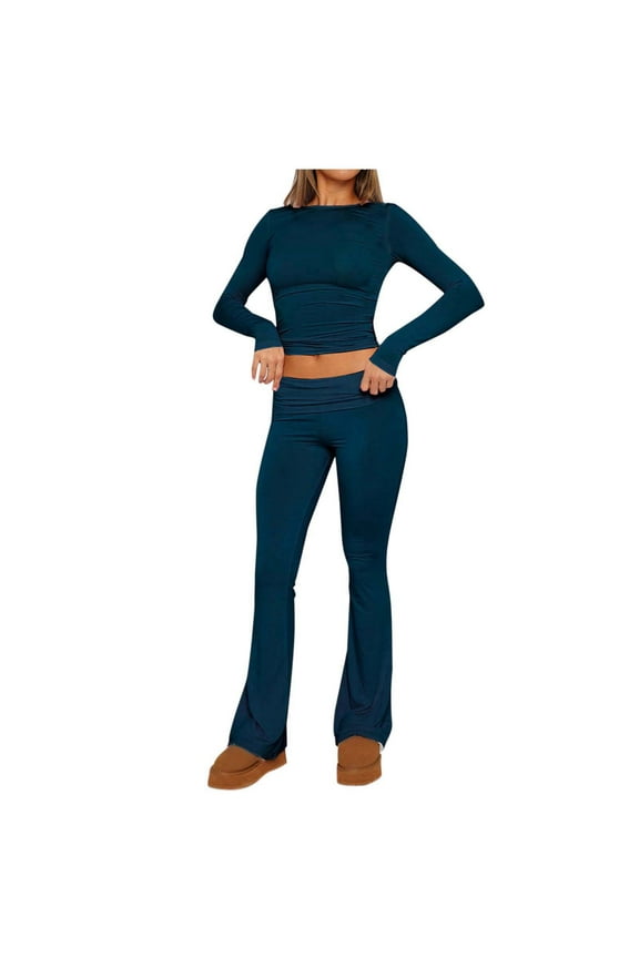 Women Casual Long Sleeve Tops & Low Waist Flared Leggings Set - 92% Viscose Blend, Elastic Fit, Yoga/Lounge/All-Day Comfort