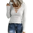 thumbnail image 1 of Women Casual Long Sleeve Tunic Tops V-Neck T Shirts Criss Cross Ribbed Casual Tee Slim Fitted Fall Blouse, 1 of 5