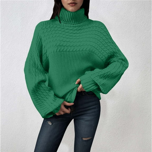 Women Casual Long Sleeve Turtleneck Pullover Sweater Loose Fit Green Sweater Women Warm Womens Fall Clothes