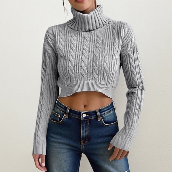 Women Casual Long Sleeve Turtleneck Sweaters Tops Cropped Women Grey Sweater Soft Comfy Clothes for Women