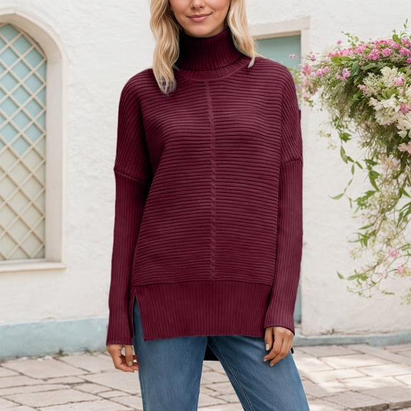 Women Casual Long Sleeve Turtleneck Sweaters Tops Ribbed Knit Women's Red Sweater Warm Womens Trendy Sweaters
