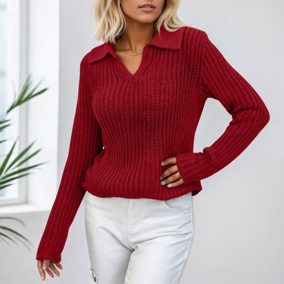 Women Casual Long Sleeve V Neck Pullover Top Sweater Fitted Red Womens Sweater Soft Womens Holiday Sweater
