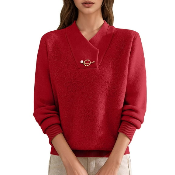 Women Casual Long Sleeve V Neck Sweaters Pullover Loose Fit Red Sweater Women Warm Womens Holiday Sweaters