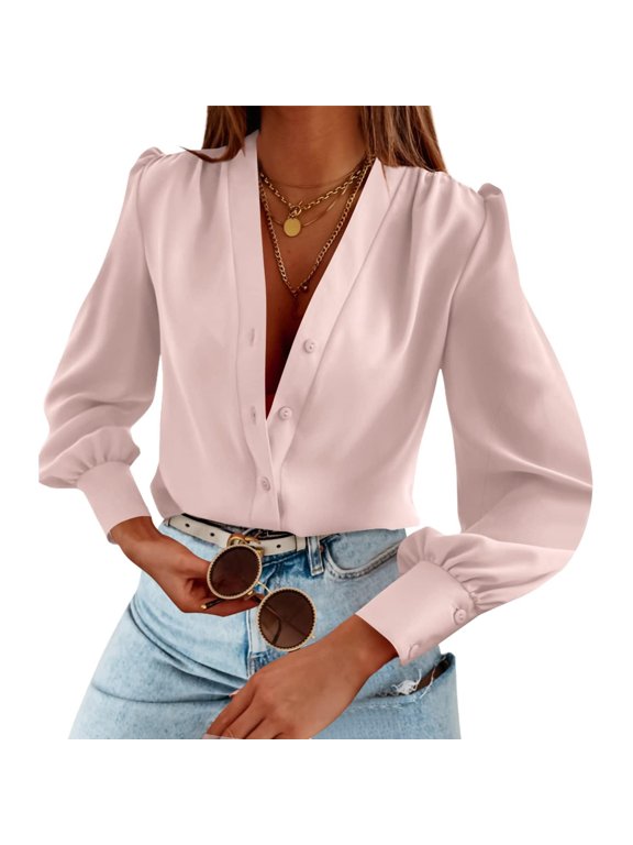 Women Casual Long Sleeved Button Up Shirt, V Neck Chiffon Shirt