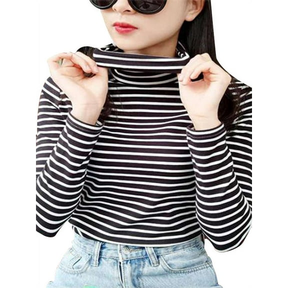 Women Casual Long Sleeves Tops Striped Blouses Turtleneck T-shirt