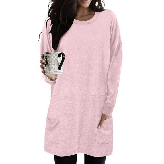 Women Casual Long Tunic Tops Fleece Oversized Loose Basic Pullover Shirt Soft Crewneck Fall Blouse with Front Pockets Pink XL
