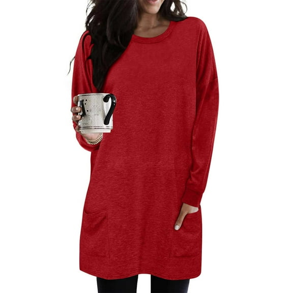 Women Casual Long Tunic Tops Fleece Oversized Loose Basic Pullover Shirt Soft Crewneck Fall Blouse with Front Pockets Wine XL