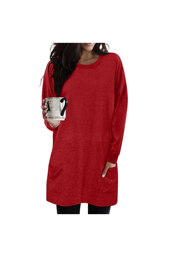 Women Casual Long Tunic Tops Fleece Oversized Loose Basic Pullover Shirt Soft Crewneck Fall Blouse with Front Pockets Wine XL