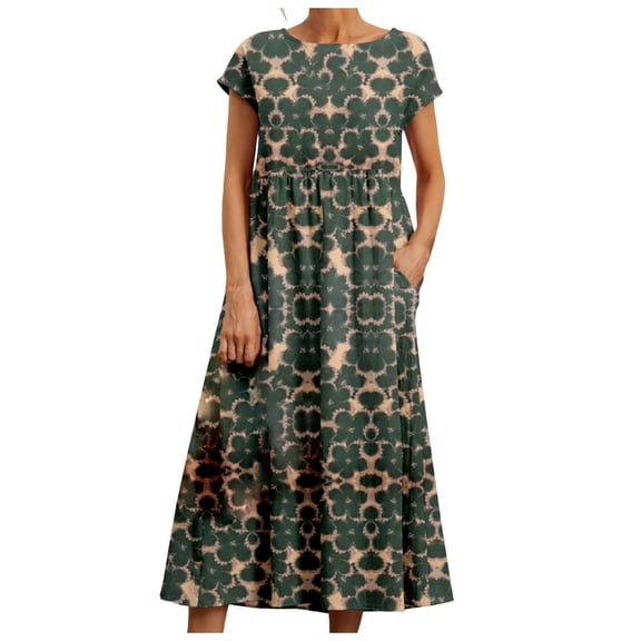 Women Casual Loose Bohemian Floral Dress with Pockets Short Sleeve Long Maxi Summer Beach Swing Dress