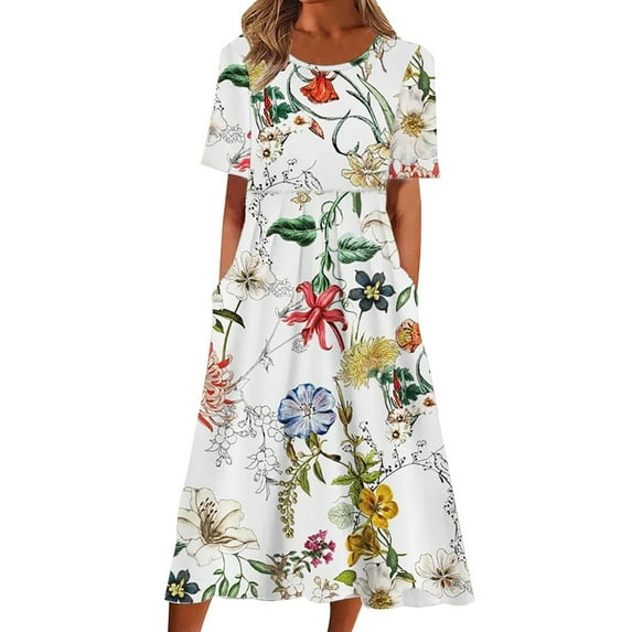 Women Casual Loose Bohemian Floral Dress with Pockets Short Sleeve Long Maxi Summer Beach Swing Dresses Multicolor L