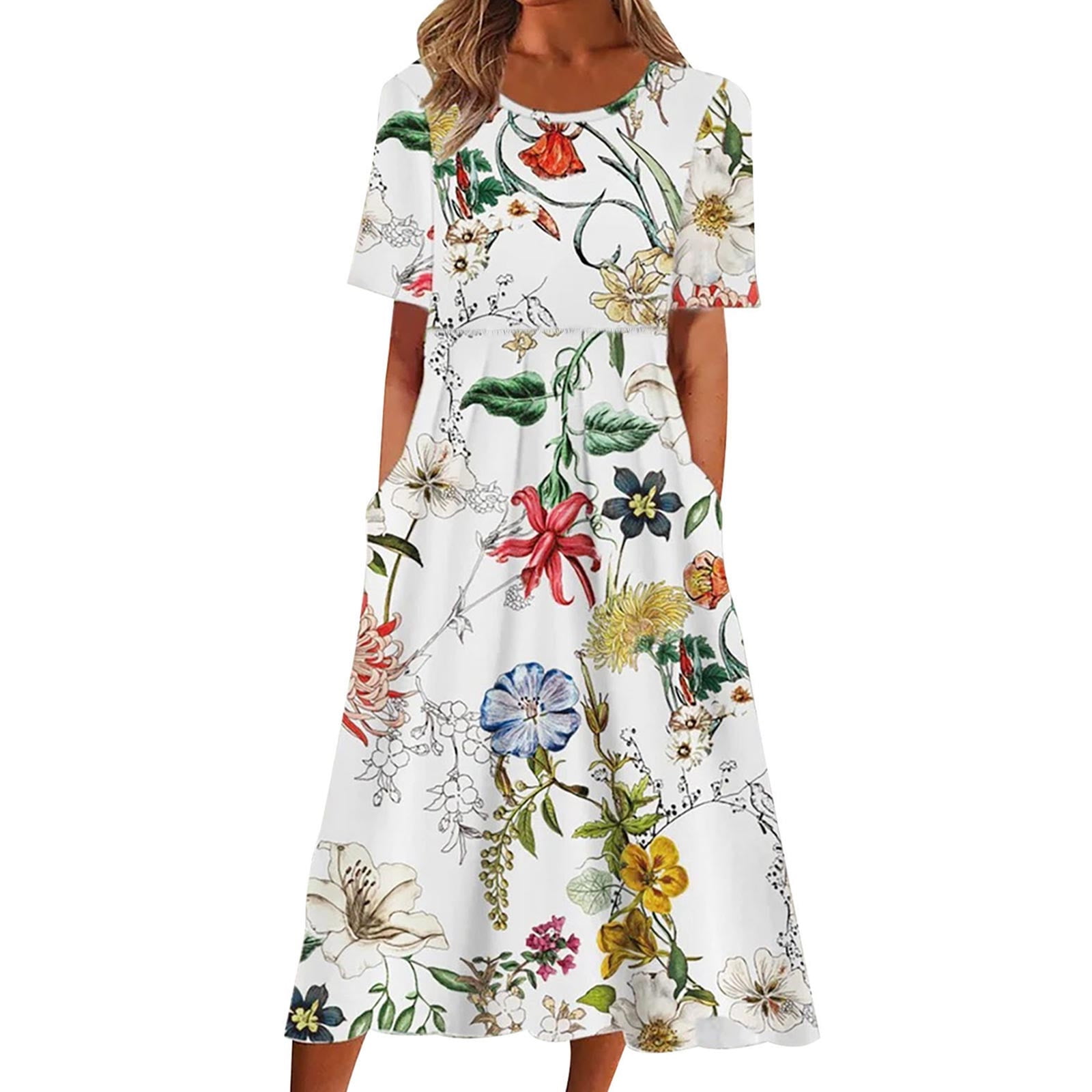 Women's Bohemian Floral Maxi Dress - Loose Fit Rayon, Short Sleeve With Pockets, Summer Beach Dress