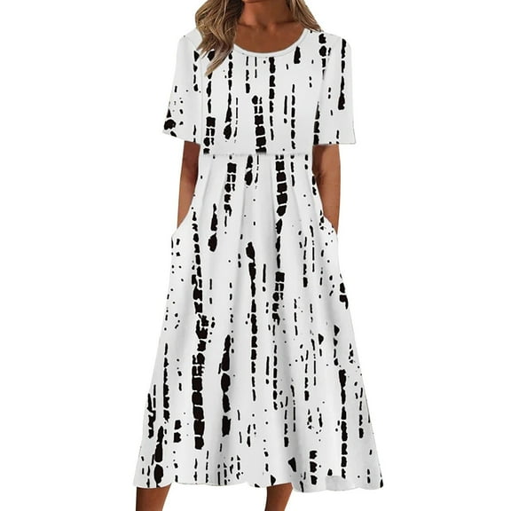 Women Casual Loose Bohemian Floral Dress with Pockets Short Sleeve Long Maxi Summer Beach Swing Dresses White A L