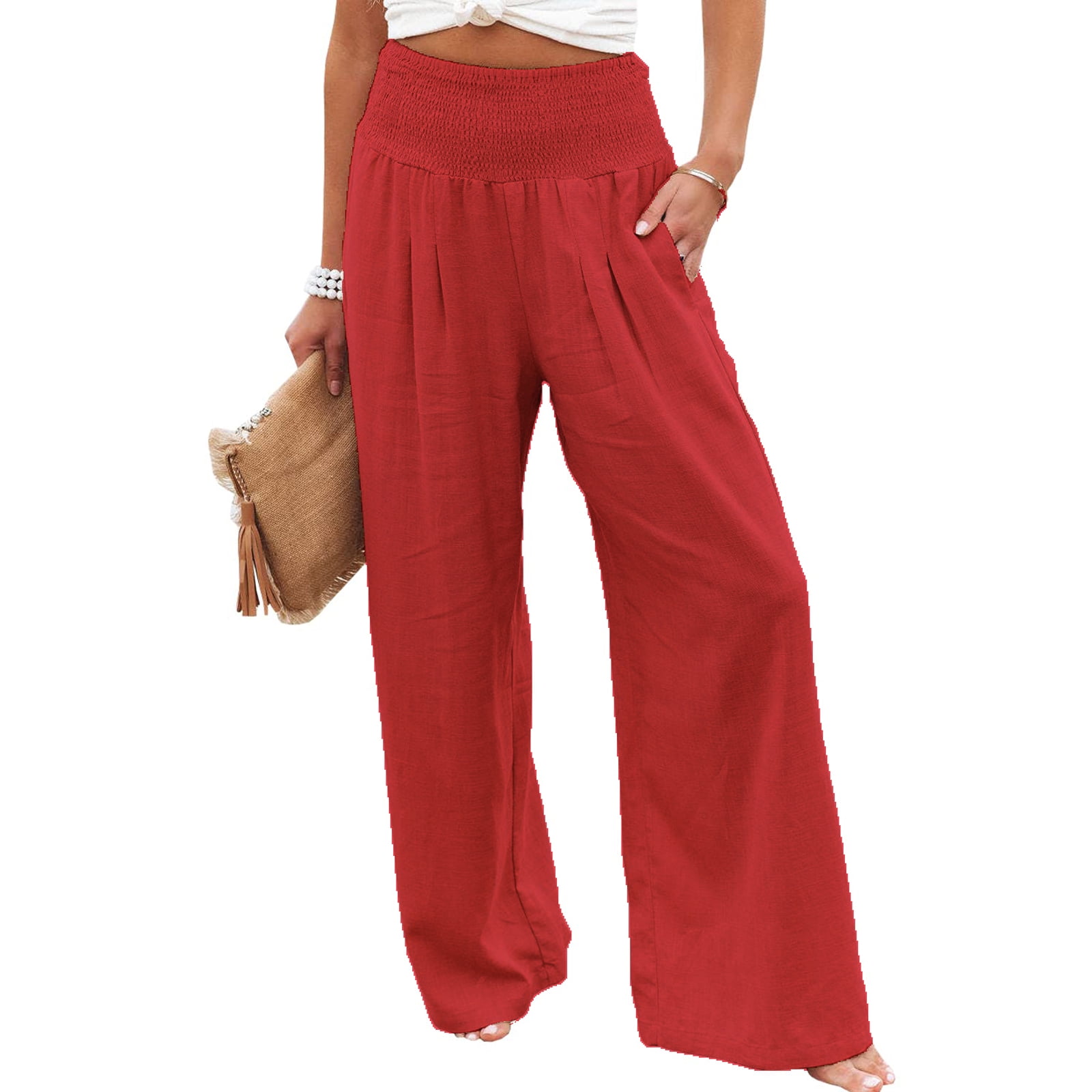 Women's Loose Red Linen Wide-leg Pants Casual Summer Trousers– FantasyLinen