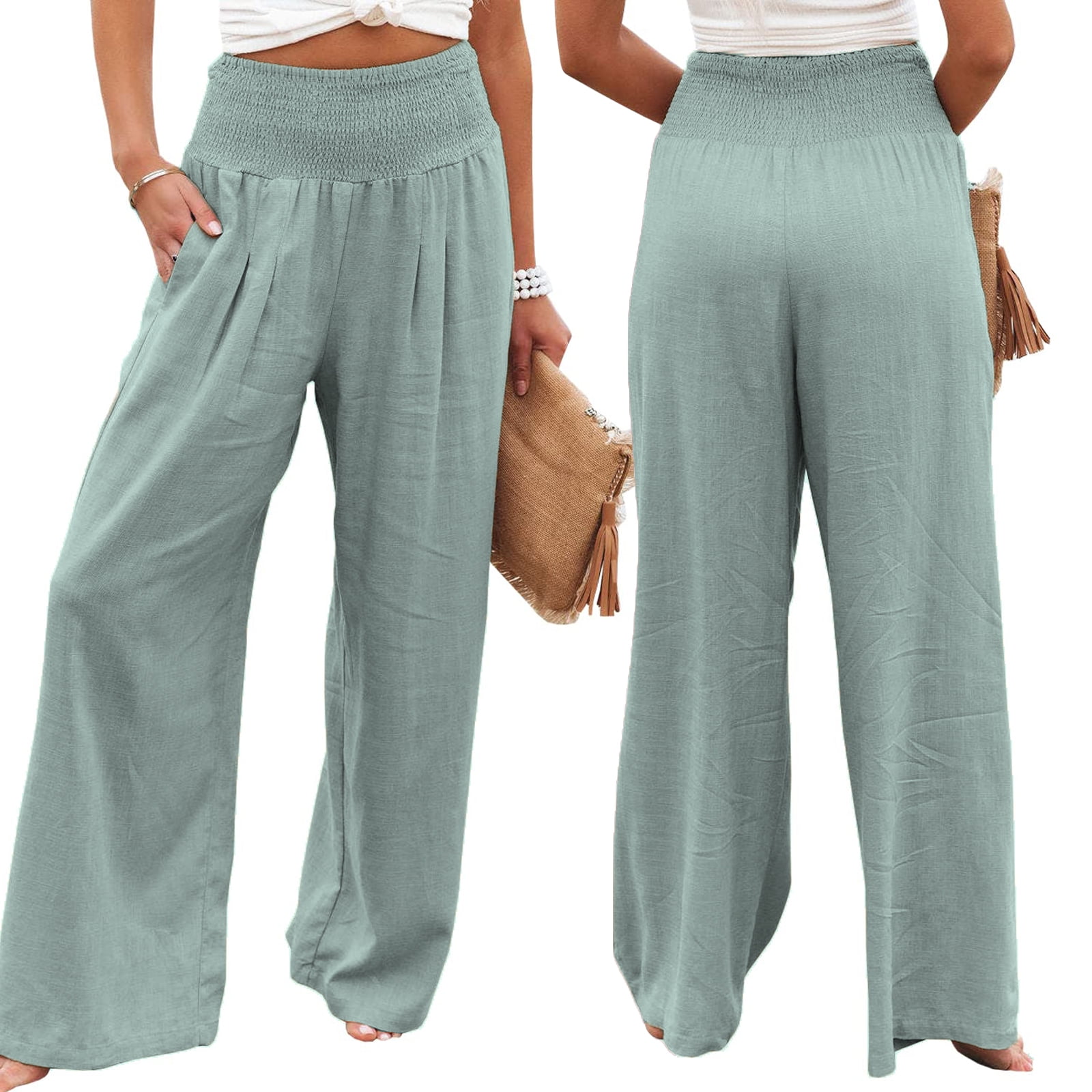 Cheap Women's Large Size Solid Color Comfortable Pocket Casual Pants Ladies  Cotton Linen Trousers