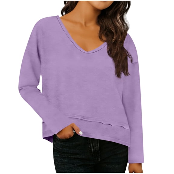 Women Casual Loose Crop Shirts Comfy V Neck Long Sleeve Cropped Pullover Tshirts Comfy Soft Solid Color Spring Fall Tops