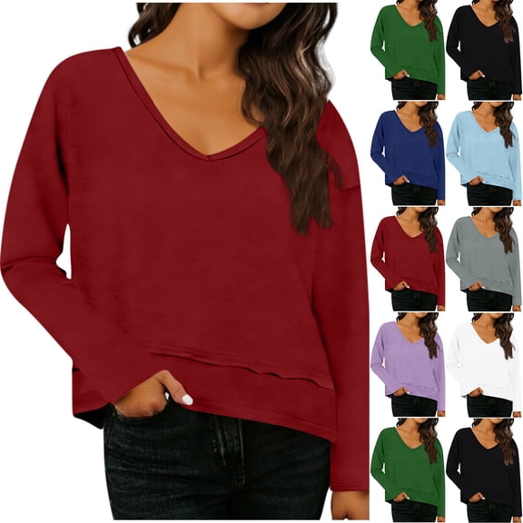 Women Casual Loose Crop Shirts Comfy V Neck Long Sleeve Cropped Pullover Tshirts Comfy Soft Solid Color Spring Fall Tops