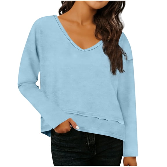 Women Casual Loose Crop Shirts Comfy V Neck Long Sleeve Cropped Pullover Tshirts Comfy Soft Solid Color Spring Fall Tops