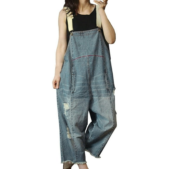 Women Casual Loose Denim Wide Leg Drop Crotch Jumpsuit Rompers Overalls