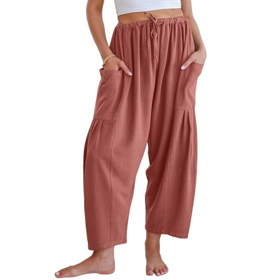 Women Casual Loose Drawstring Summer Beach Travel Vacation Palazzo Harem Pants with Pockets Orange Red M