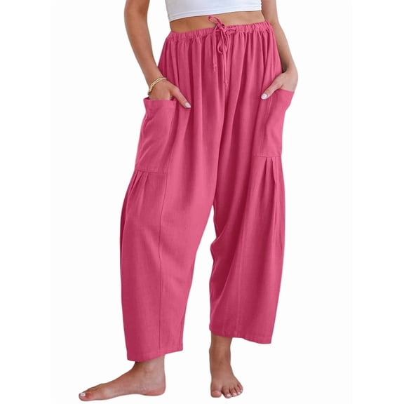 Women Casual Loose Drawstring Summer Beach Travel Vacation Palazzo Harem Pants with Pockets Rose Red M