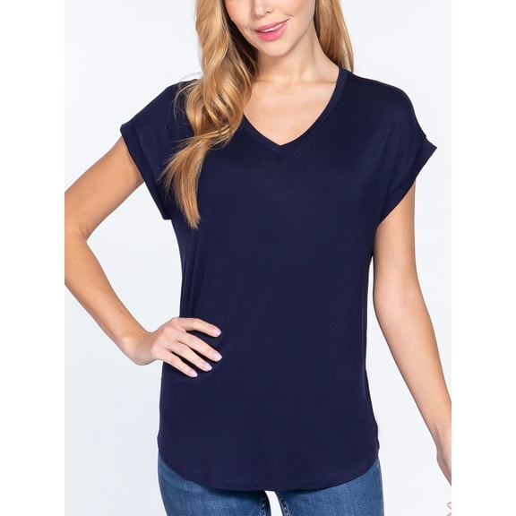 Women Casual Loose Fit V-Neck Cuff Dolman Sleeve Drop Shoulder Jersey T-shirts Top