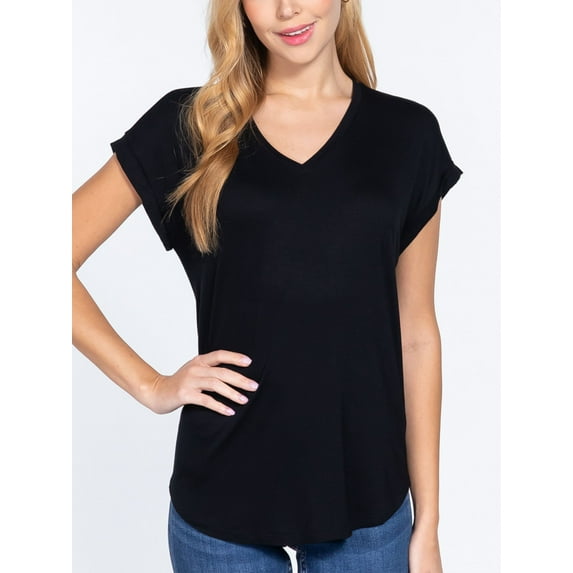 Women Casual Loose Fit V-Neck Cuff Dolman Sleeve Drop Shoulder Jersey T-shirts Top