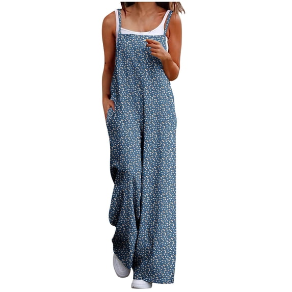 Women Casual Loose Jumpsuit Printed Pockets Sleeveless Back Strap Jumpsuit Navy XXXL