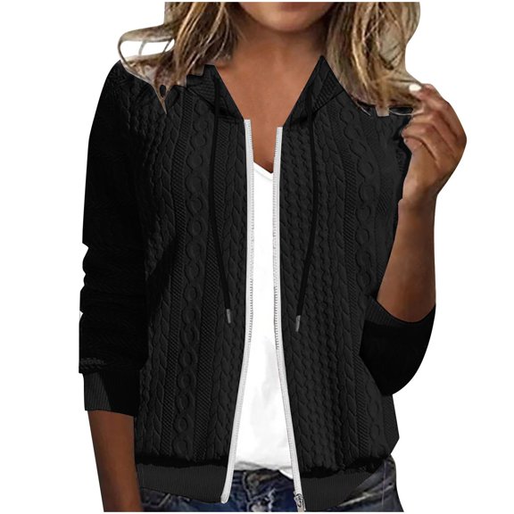 Women Casual Loose Knit Hooded Jacket Long Sleeve Zipper Solid Cardigan Blouse Hoodies Sweatshirt Tops with Pocket