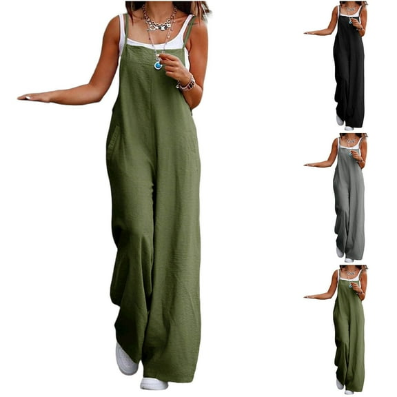 Women Casual Loose Long Bib Pants Wide Leg Jumpsuits Baggy Cotton Rompers Overalls with Pockets 01-Army Green M