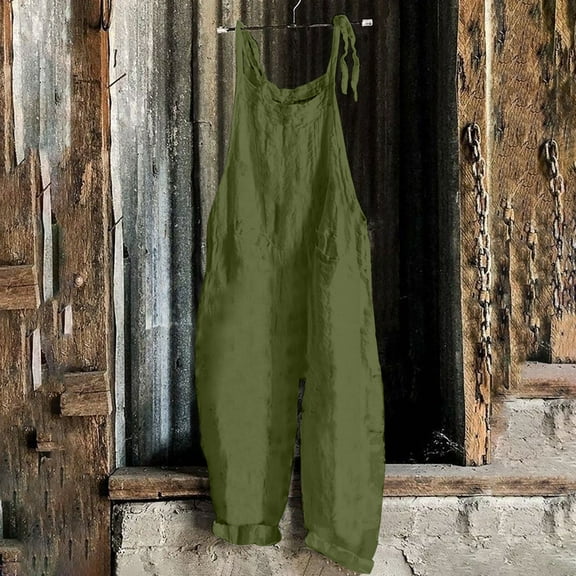 Women Casual Loose Long Bib Pants Wide Leg Jumpsuits Baggy Cotton Rompers Overalls with Pockets Army Green M