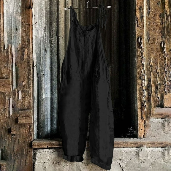 Women Casual Loose Long Bib Pants Wide Leg Jumpsuits Baggy Cotton Rompers Overalls with Pockets Black XXXXL