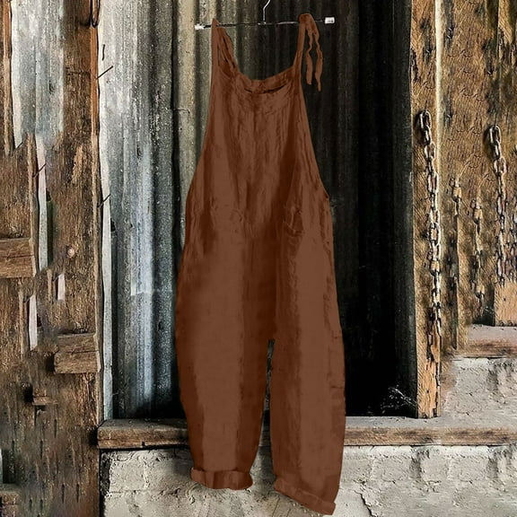 Women Casual Loose Long Bib Pants Wide Leg Jumpsuits Baggy Cotton Rompers Overalls with Pockets Brown S