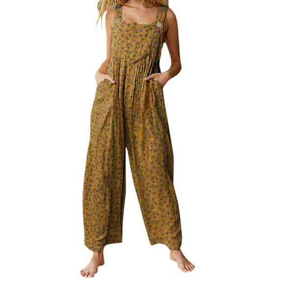 Women Casual Loose Long Bib Pants Wide Leg Jumpsuits Baggy Cotton Rompers Overalls with Pockets