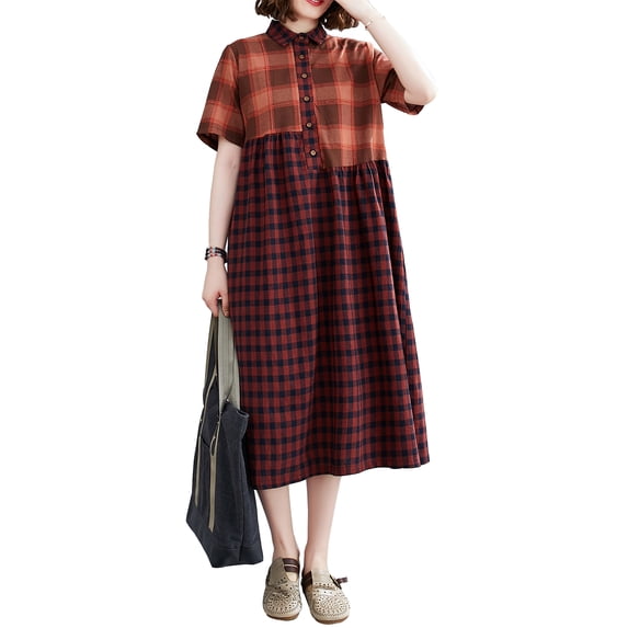 Women Casual Loose Midi Calf Length Plaid Short Sleeve V-Neck Dress GA2541 Red