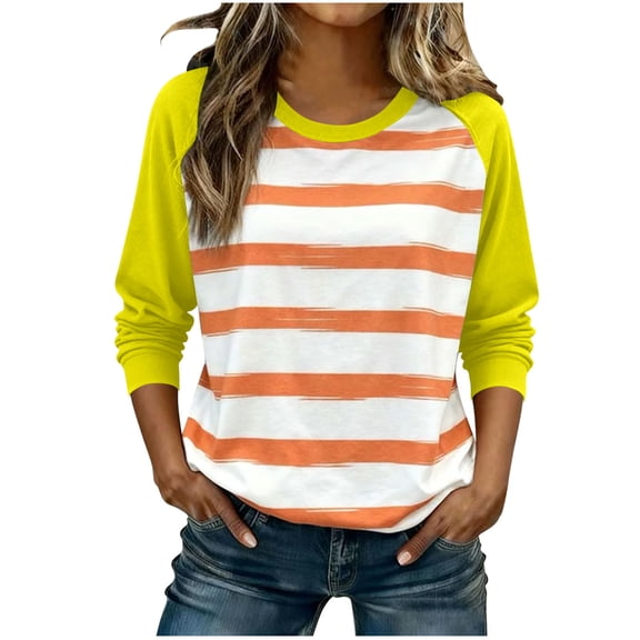 Women Casual Loose Shirts Comfy Crewneck Long Sleeve Pullover Tshirts Trendy Cute Soft Stretch Color Block Spring Fall Tops