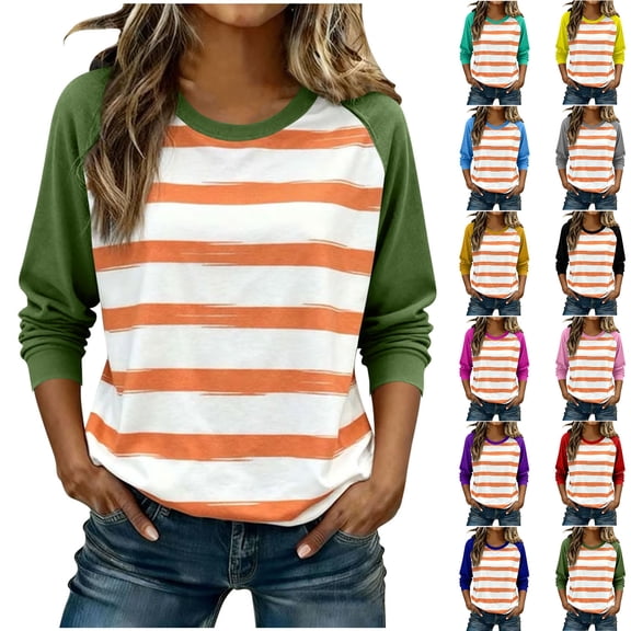 Women Casual Loose Shirts Comfy Crewneck Long Sleeve Pullover Tshirts Trendy Cute Soft Stretch Color Block Spring Fall Tops