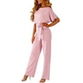 thumbnail image 1 of Women Casual Loose Short Sleeve Wrap Belted Wide Leg Pant Romper Jumpsuits Crew neck Long Pants Back Keyhole Overall Romper Playsuit, 1 of 3