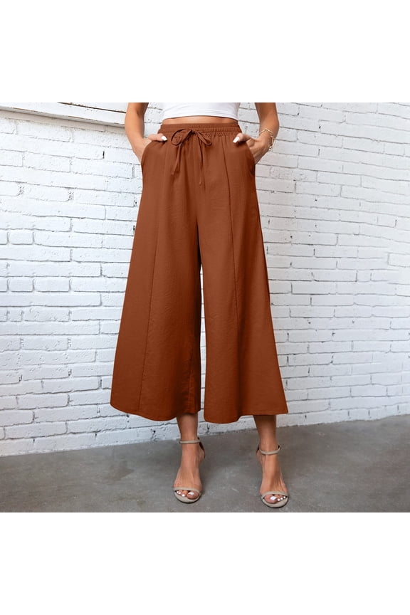 Women Casual Loose Solid Color Drawstring Elastic Waist Pocket Comfortable Cropped Pants Wide Leg Pants Leather Pants plus Size Women's Dress Pants for Work Business Casual Casual Dress Pants for