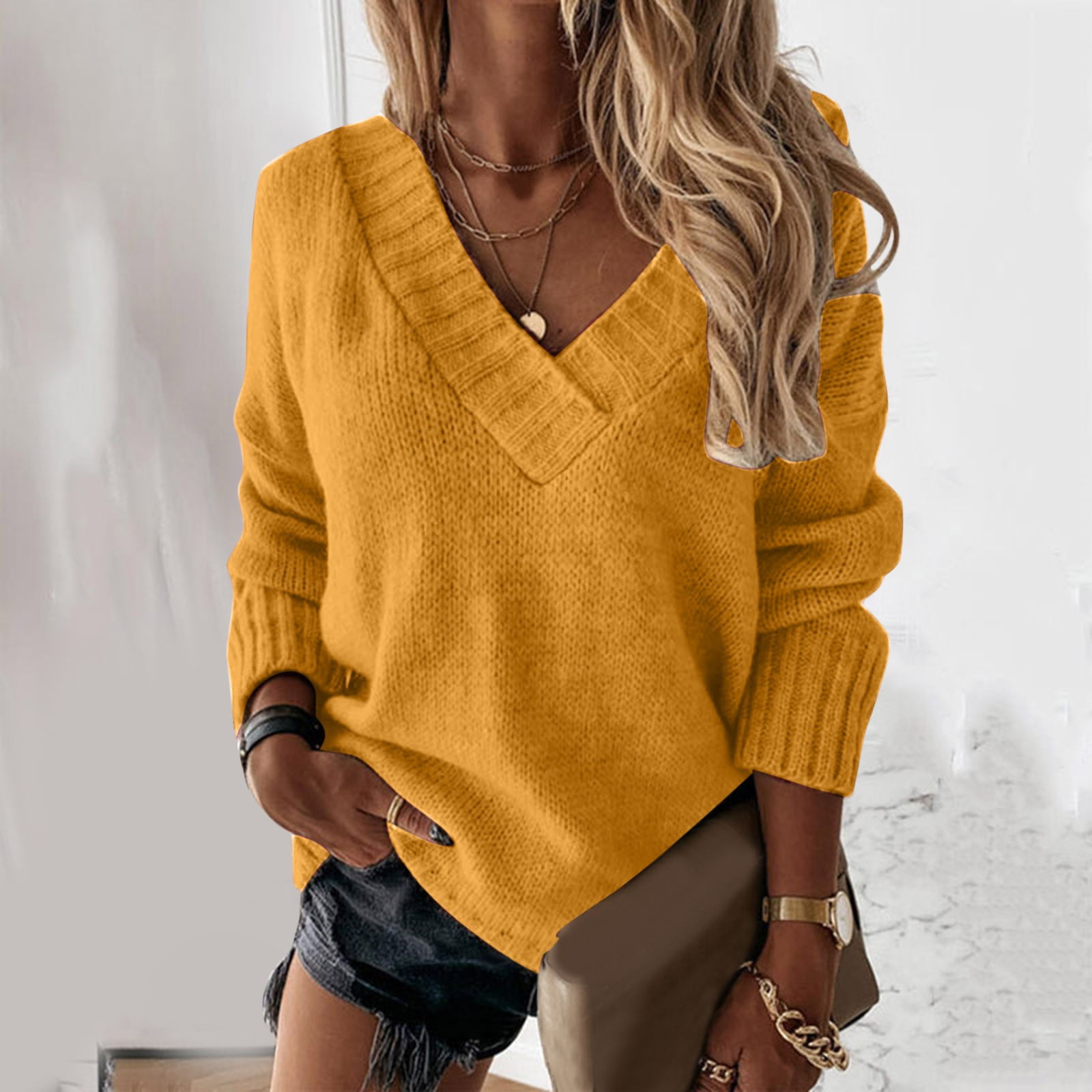 Women Casual Loose Solid Color Long Sleeve Fashion V Neck