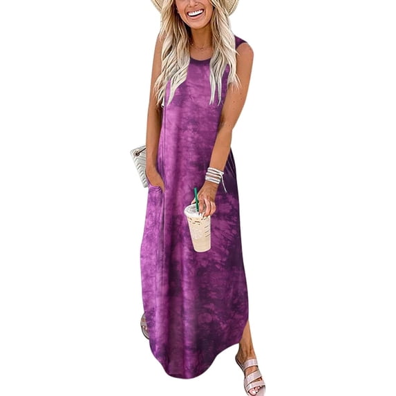 Women Casual Loose Sundress Sleeveless Split Maxi Long Beach Shirt Dress Travel Vacation 2024 Summer Outfits