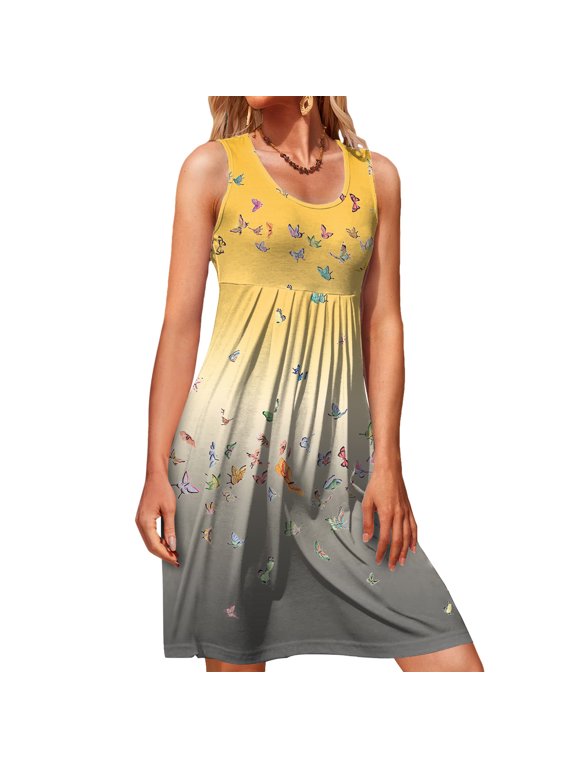 Women Casual Loose Tennis Tank Dress for Summer with Pleated Detail and Sun Dress Breathable Sleeveless Top-Style Dress for Everyday Wear Yellow M
