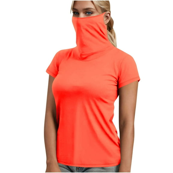 Women Casual Loose Turtleneck Short Sleeve Face Mask Tops Blouse Sun Protection Plain T-Shirts for Outdoor Hiking